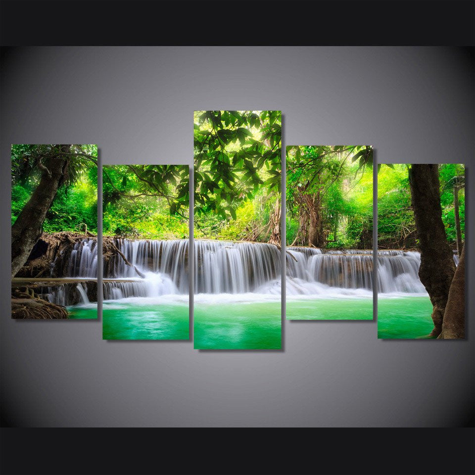 5 Panel Framed Amazon Jungle Waterfall Wall Canvas | Octo Treasures