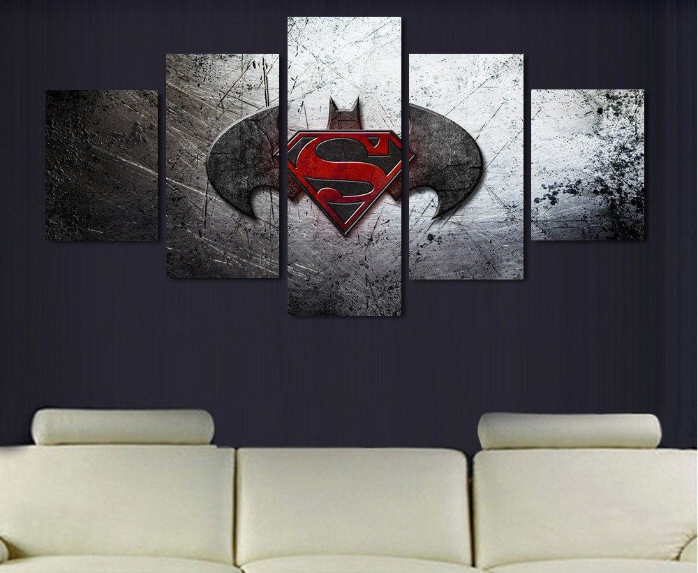 5 Panel Amazing Batman vs Superman Logo Framed Wall Canvas Art | Octo Treasures