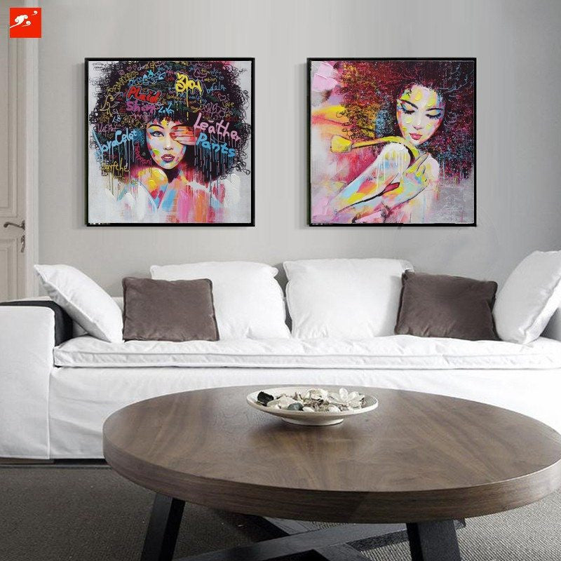 2 Panel Unframed Modern Abstract Graffiti Women Head Portrait Wall Canvas | Octo Treasures