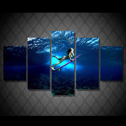 5 Panel Girl Surfing Framed Wall Canvas Art | Octo Treasures