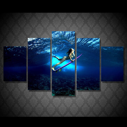 5 Panel Girl Surfing Framed Wall Canvas Art | Octo Treasures
