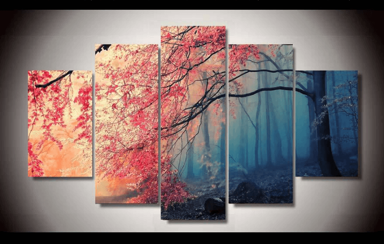 5 Pieces Multi Panel Modern Home Decor Framed Red Maple Tree Forest Wall Canvas Art | Octo Treasures