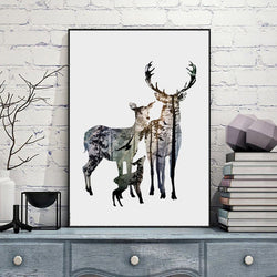 Silhouette of Deer Family with Pine Forest Canvas Art Print Painting Poster, Wall Picture for Home Decoration | Octo Treasures