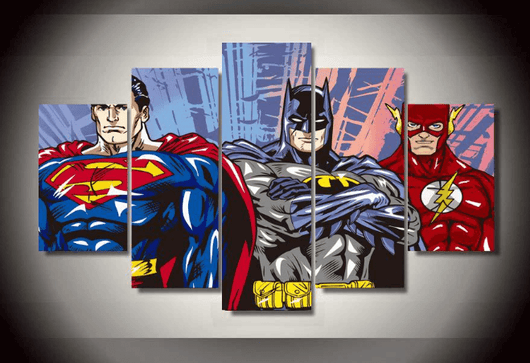 5 Piece Multi Panel Modern Home Decor Framed Superman Batman Flash Justice League Wall Canvas Art | Octo Treasures