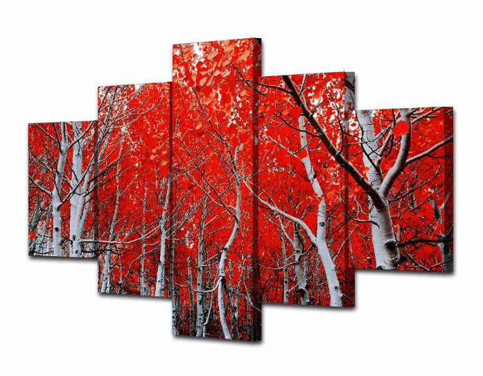 5 Panel Red Autumn Maple Tree Framed Wall Canvas Art | Octo Treasures