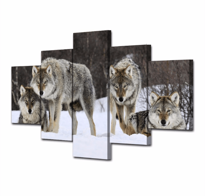 5 Panel Wolf Pack Framed Animal Wall Canvas Art | Octo Treasures