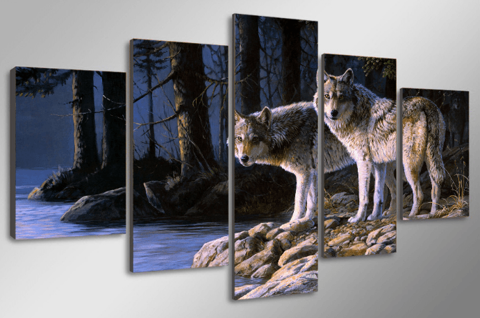 5 Panel Wolves Pack Framed Animal Wall Canvas | Octo Treasures