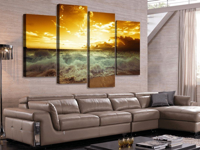 4 Panel Framed Golden Sunset Beach Wave Wall Canvas Art | Octo Treasures